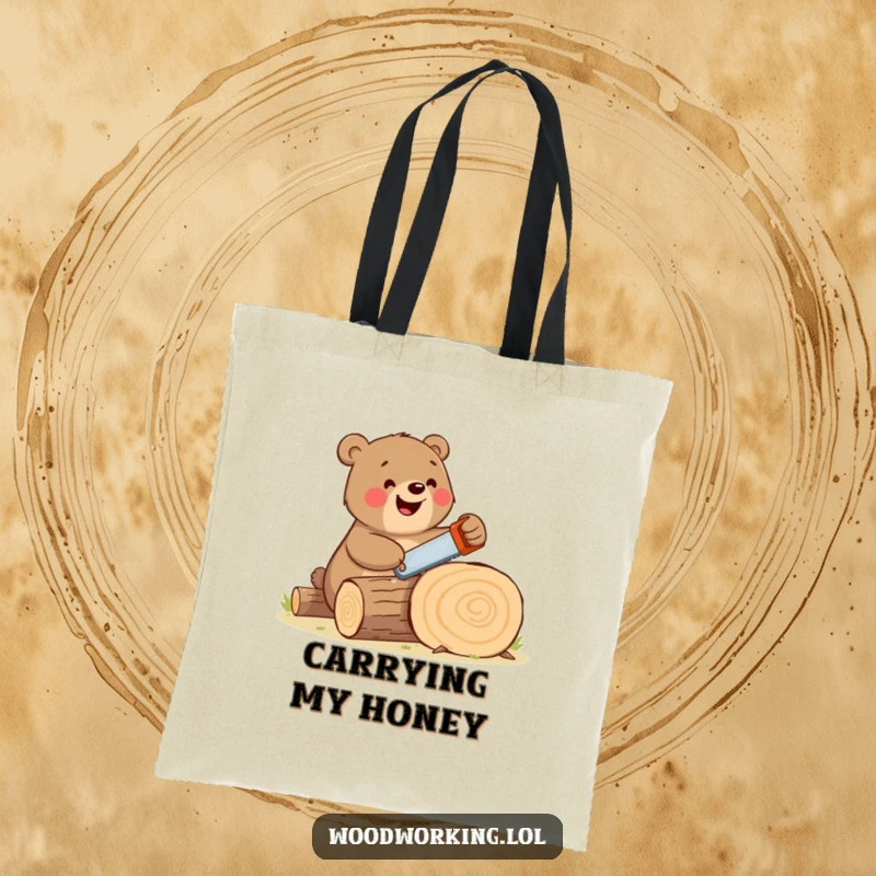 Funny bear tote bag with a happy, large brown bear enthusiastically sawing a log with a tiny handsaw, a practical and humorous accessory.