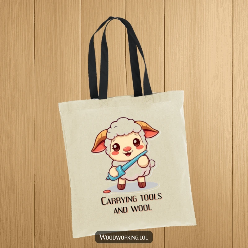 Funny tote bag featuring an adorable sheep intently using a screwdriver, showcasing determination and cheerfulness, great for shopping and daily use.