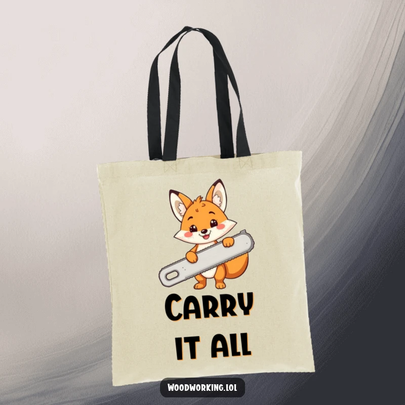 Funny tote bag with a cheerful cartoon fox smiling and holding a comically large saw, great for projects.