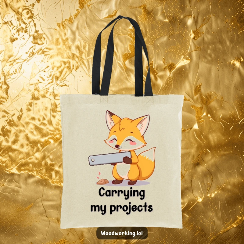 Funny fox tote bag depicting a curious fox holding a saw, ideal for carrying items with a planned and humorous touch.