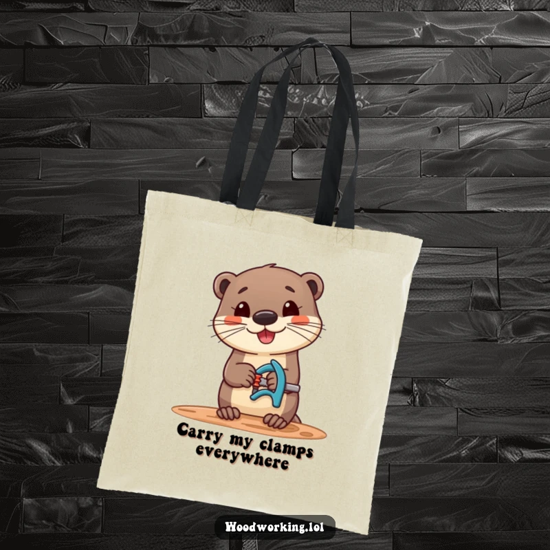 Funny tote bag with a cheerful otter skillfully using a clamp on wood, ideal for carrying tools or groceries.