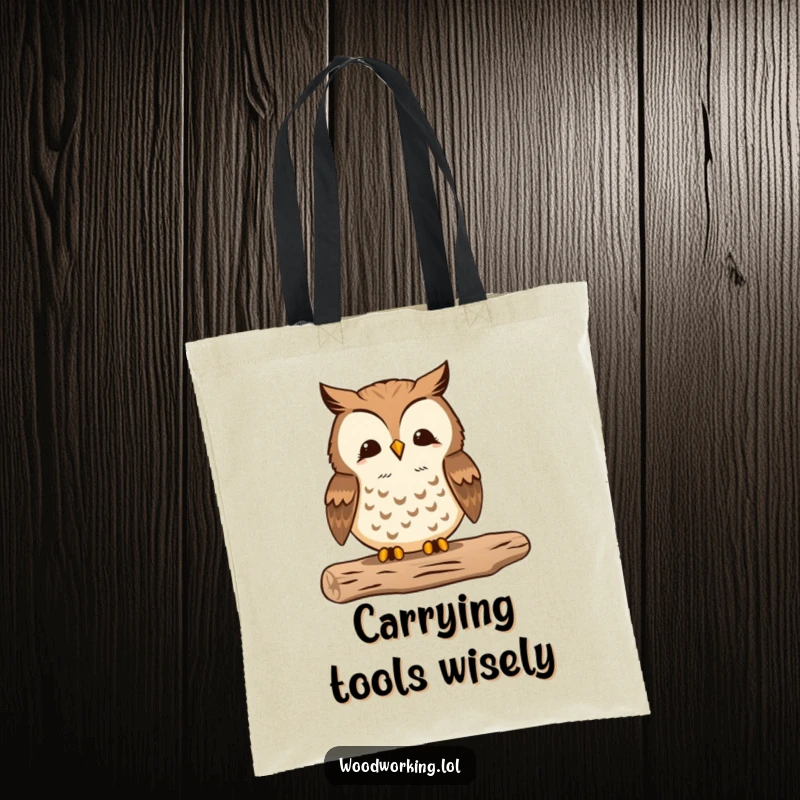 Funny tote bag showing a proud owl meticulously sanding wood, a perfect accessory for any woodworker.