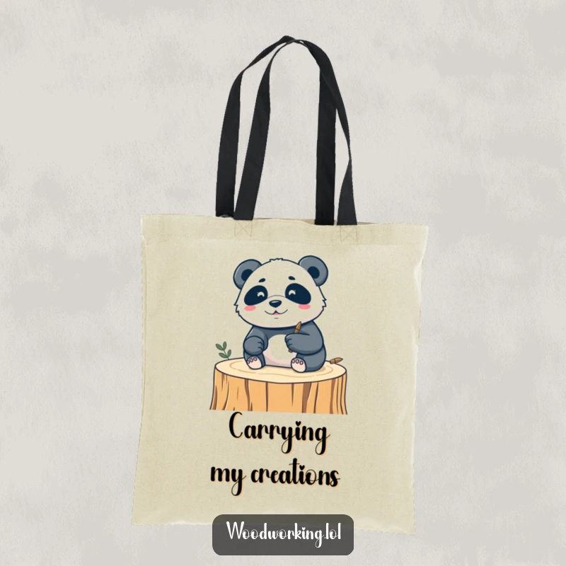Funny tote bag featuring a silly panda artistically carving a delicate design into wood, perfect for carrying supplies with style.