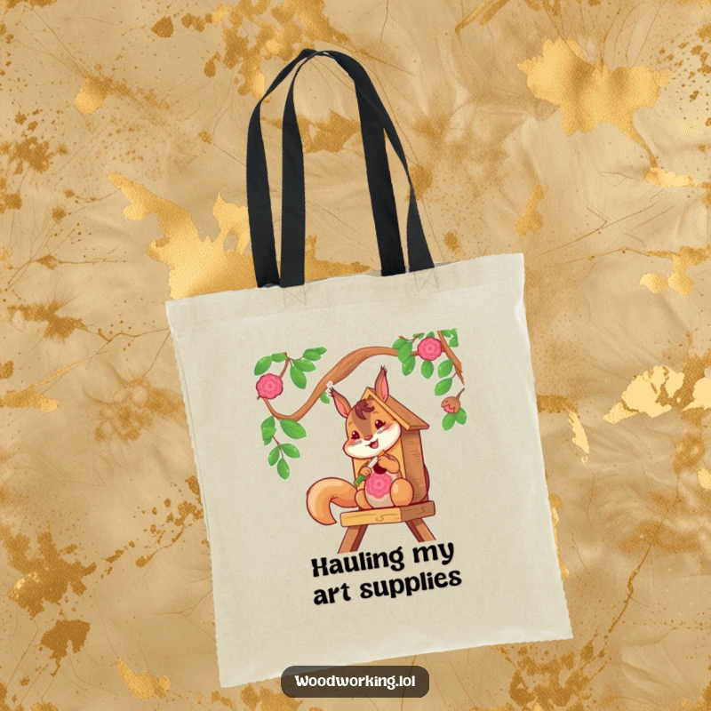 Funny squirrel artist painting a birdhouse on a durable tote bag, perfect for carrying supplies.