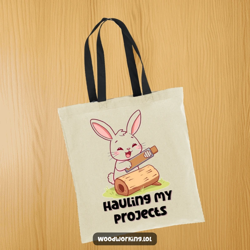 Funny bunny woodworker tote bag, cheerfully sawing a log with a small saw, great for carrying DIY supplies.