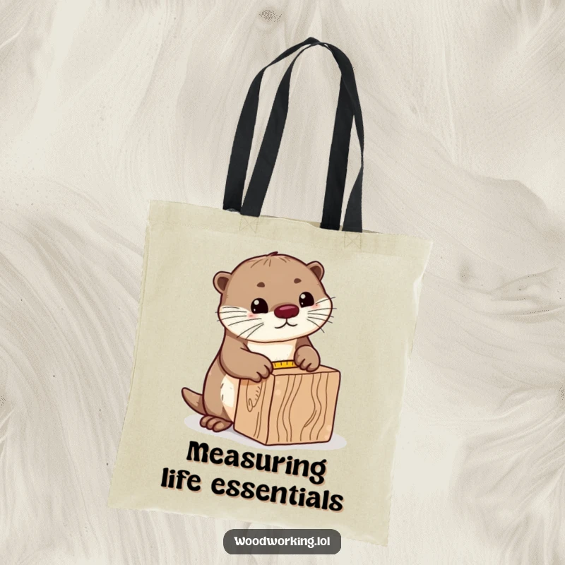 Funny curious otter tote bag, measuring a block of wood with a tape measure, ideal for carrying supplies with meticulous care.