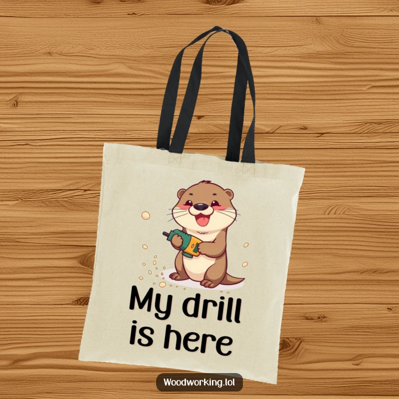 Funny otter gleefully operating a power drill, creating clouds of sawdust, ideal for carrying project items.